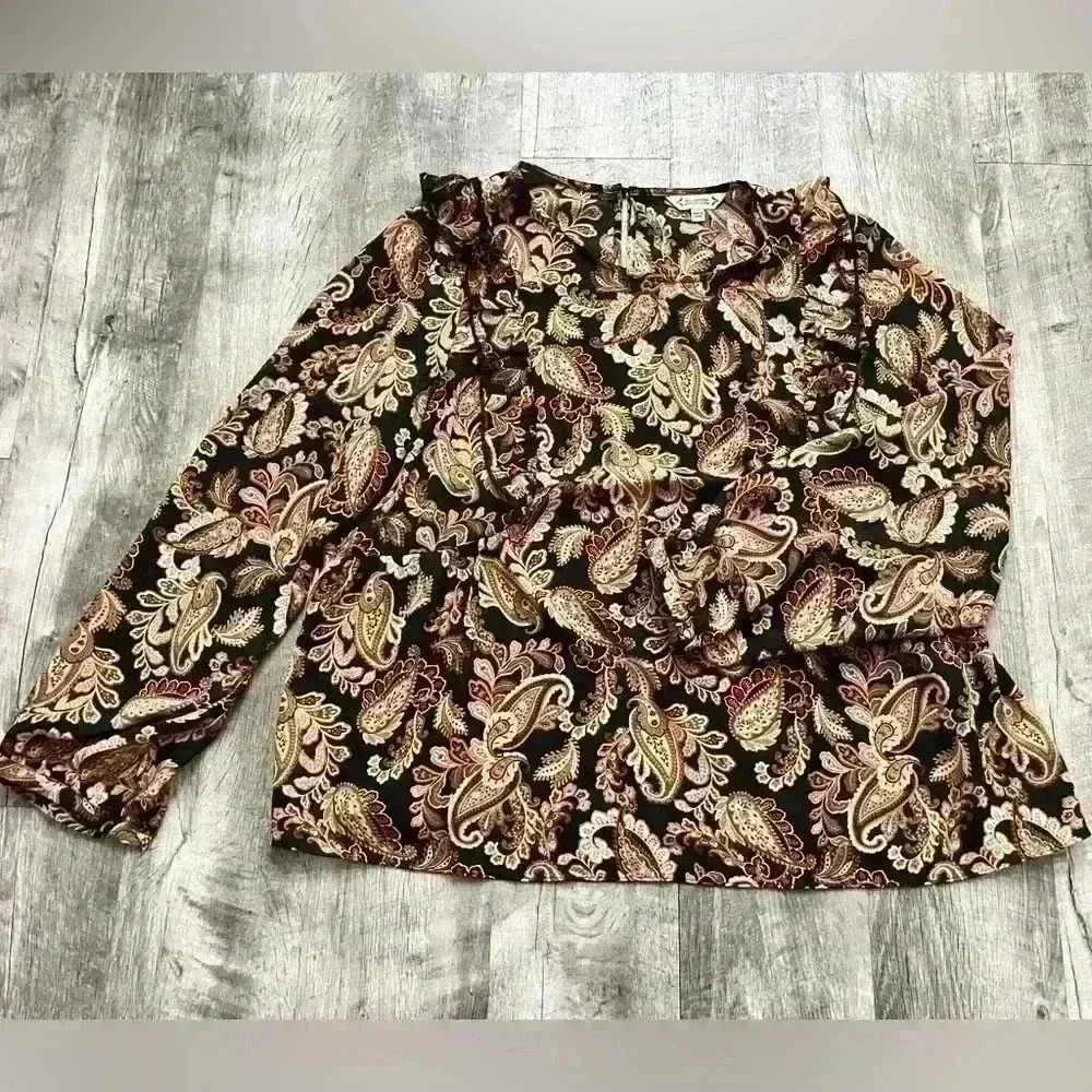 Nanette Lepore Womens Size XL Paisley Long Sleeve Blouse Top Fall Colors Ruffle